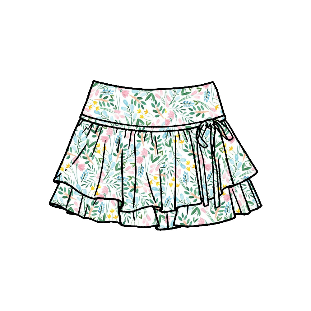 MOQ 5 PCS preorder GLK0247 Pink Green Flower Leaf Ruffle Shorts Skirts Girls Yoga Skirts 202601