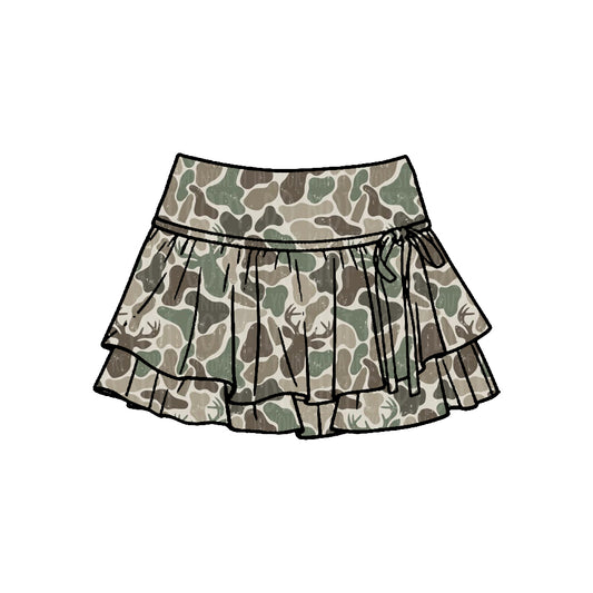 MOQ 5 PCS preorder GLK0253 Deer Hunting Gray Green Camouflage Ruffle Shorts Skirts Girls Yoga Skirts 202601