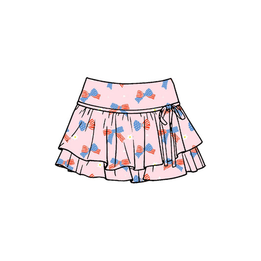 MOQ 5 PCS preorder GLK0258 4th of July Bows Flower Pink Ruffle Shorts Skirts Girls Yoga Skirts 202601