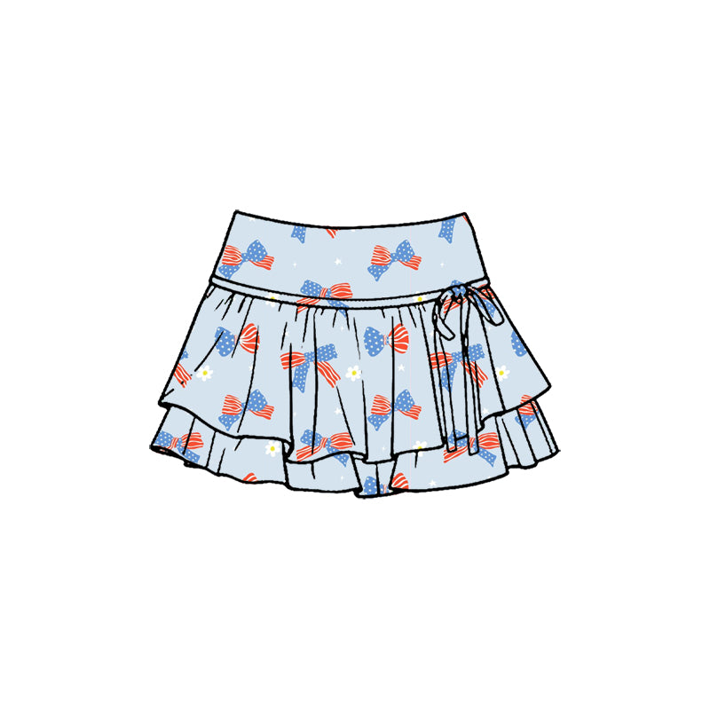 MOQ 5 PCS preorder GLK0259 4th of July Bows Flower Blue Ruffle Shorts Skirts Girls Yoga Skirts 202601