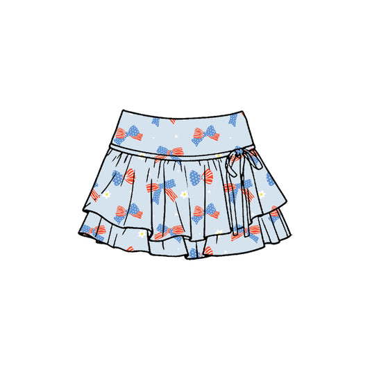 MOQ 5 PCS preorder GLK0259 4th of July Bows Flower Blue Ruffle Shorts Skirts Girls Yoga Skirts 202601