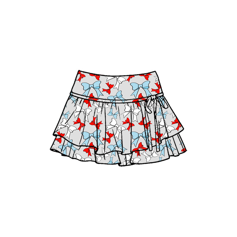 MOQ 5 PCS preorder GLK0262 4th of July Red Blue Bows Gray Ruffle Shorts Skirts Girls Yoga Skirts 202601