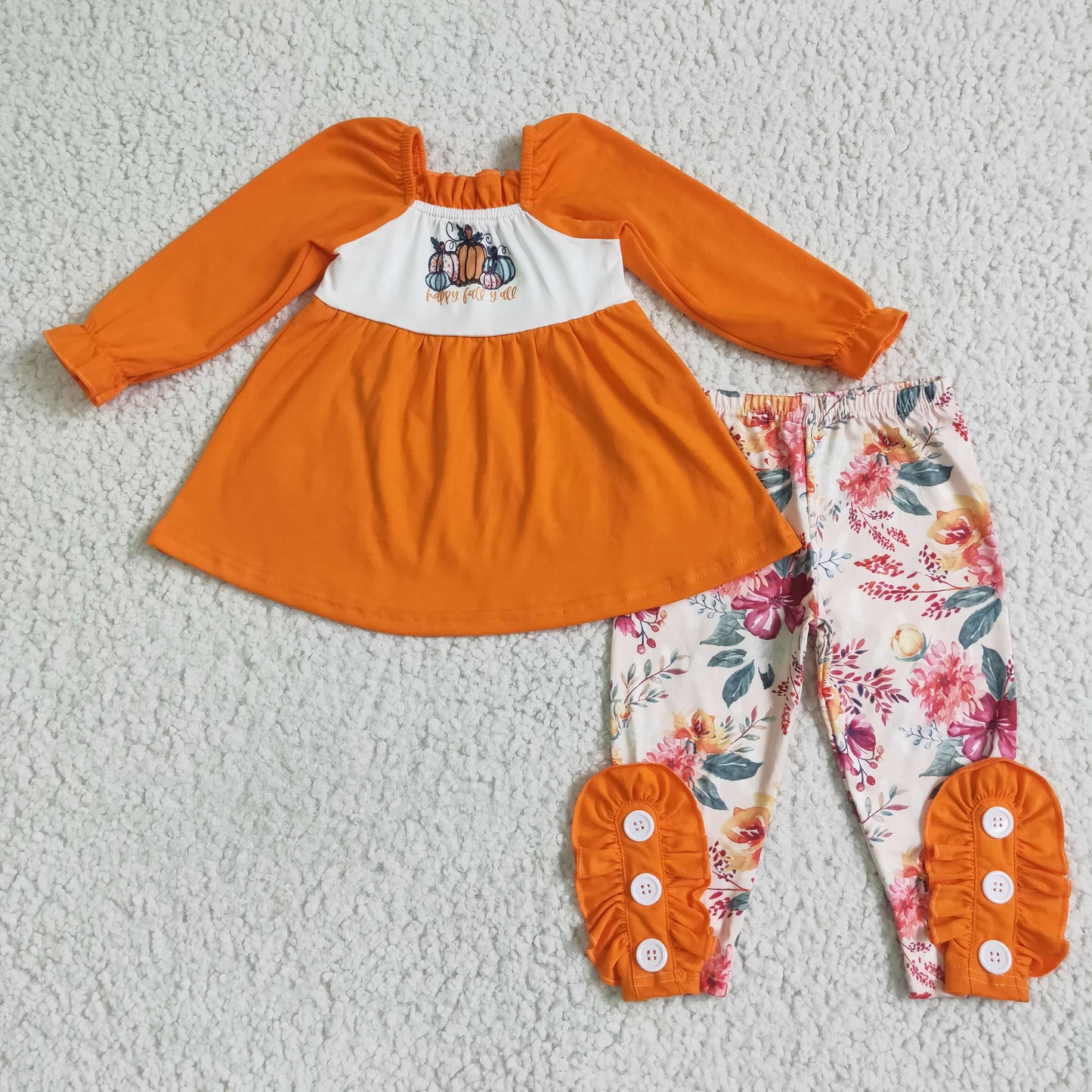 Clearance GLP0024 Girls fall pumpkin flower orange long sleeve pant suit