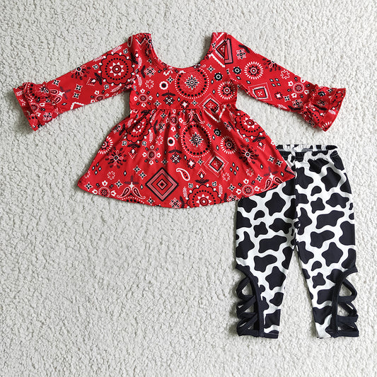 Clearance GLP0091 Long sleeve cow-print pants suit in red pattern for girls