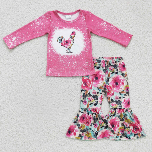 Clearance GLP0110 Girls flower rooster rose long sleeve pants suit