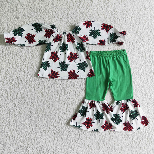 Clearance GLP0160 Girls' Christmas red and green Maple Leaf long sleeve pants suit