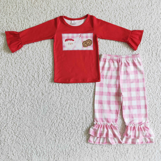 Clearance GLP0285 Girls Santa Claus Milk cookie long sleeve pink plaid pants suit