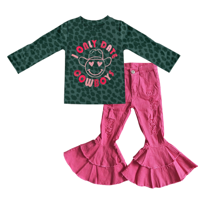 GLP0445  2Pcs GT0201 Green Leopard  Smile I Only Date Cowboys Pink Denim Girls Long Sleeve Bell Bottom Pants Outfits