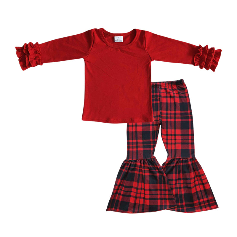 GLPO477 2Pcs Black Red Plaid Top  Girls Long Sleeve Pants Outfits