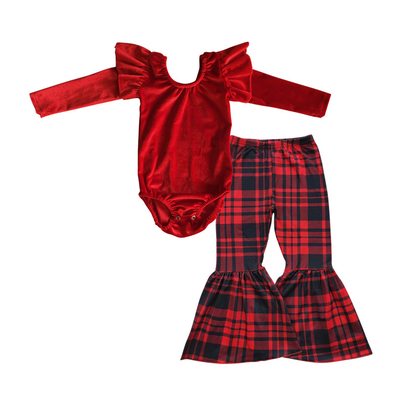 GLPO479 2Pcs Red Velvet Romper Plaid  Girls Long Sleeve Pants Outfits