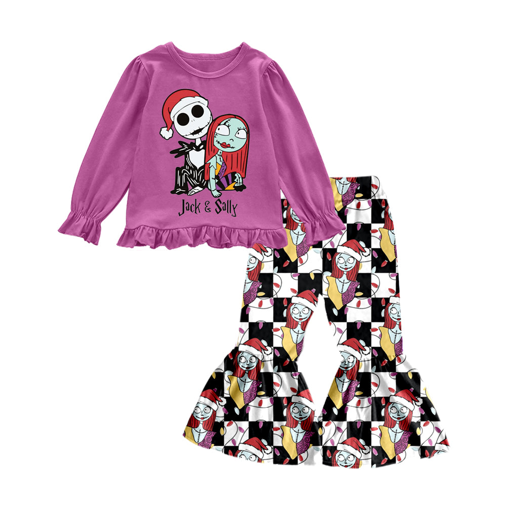 GLP0486 Halloween Ghost Purple Cartoon Girls Long Sleeve Pants Outfits Pajamas