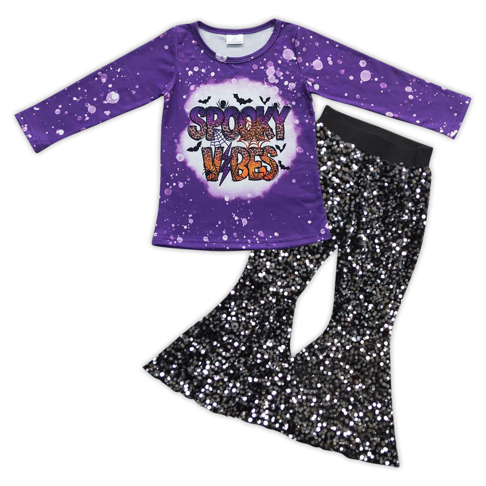 2pcs GSPO0800 Halloween Spooky Top+ Black Sequin Girls Short Sleeve Bell Bottom Pants Outfits