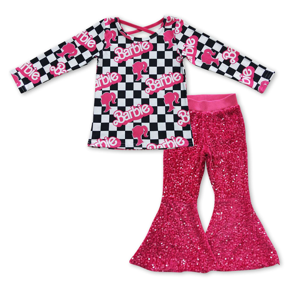 2pcs GLPO0922  Pink B Cartoon Pink Sequin Girls Short Sleeve Bell Bottom Pants Outfits