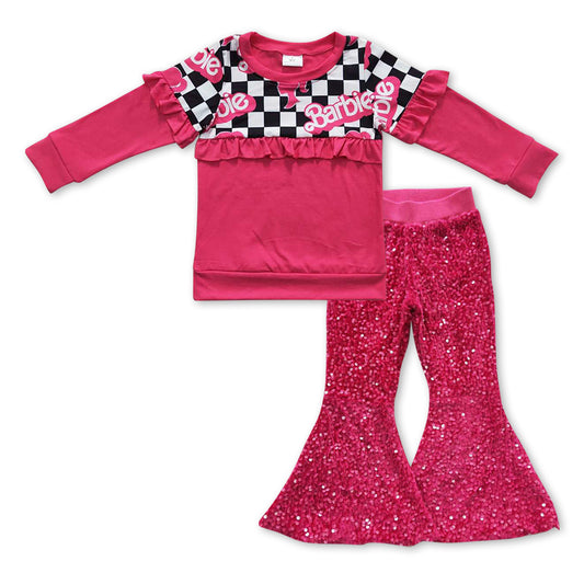 2pcs GLPO0923  Pink B Cartoon Pink Sequin Girls Short Sleeve Bell Bottom Pants Outfits