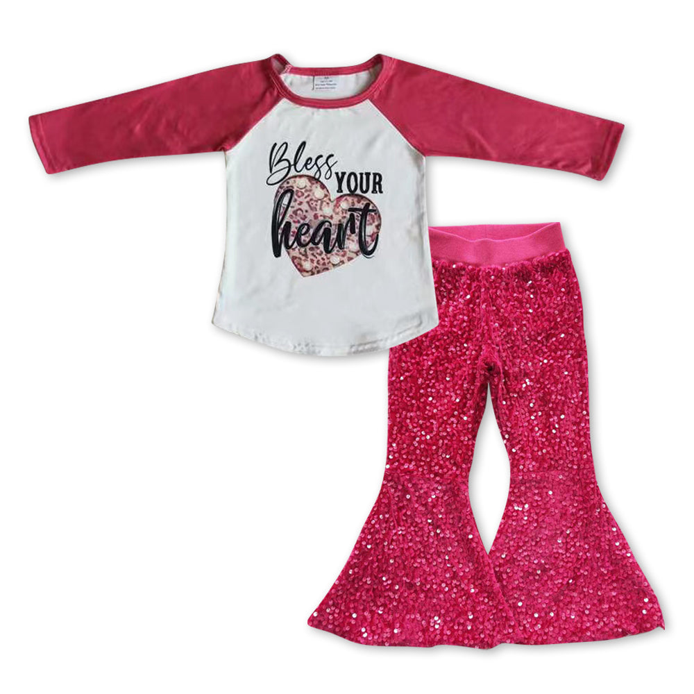 2pcs GLPO0924  Bless Your Heart Love Pink Sequin Girls Short Sleeve Bell Bottom Pants Outfits