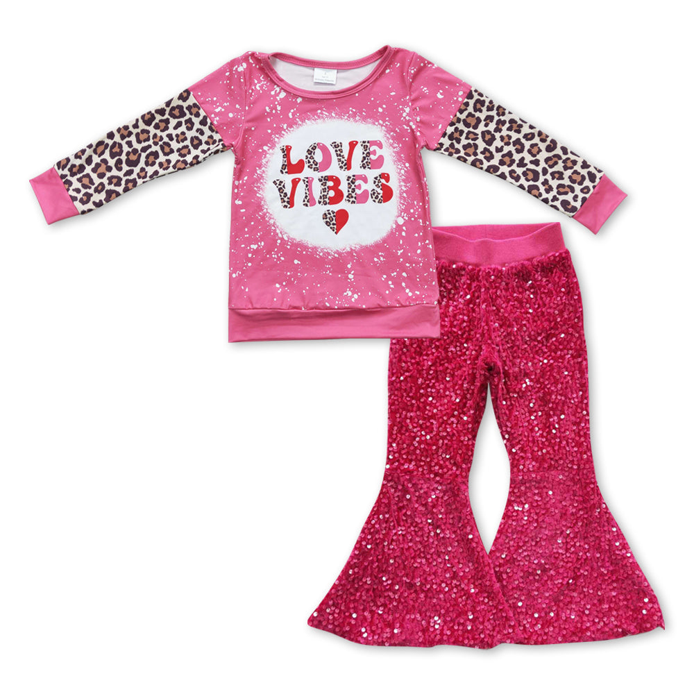 2pcs GLPO0925 Love Vibes Leoaprd Pink Sequin Girls Short Sleeve Bell Bottom Pants Outfits