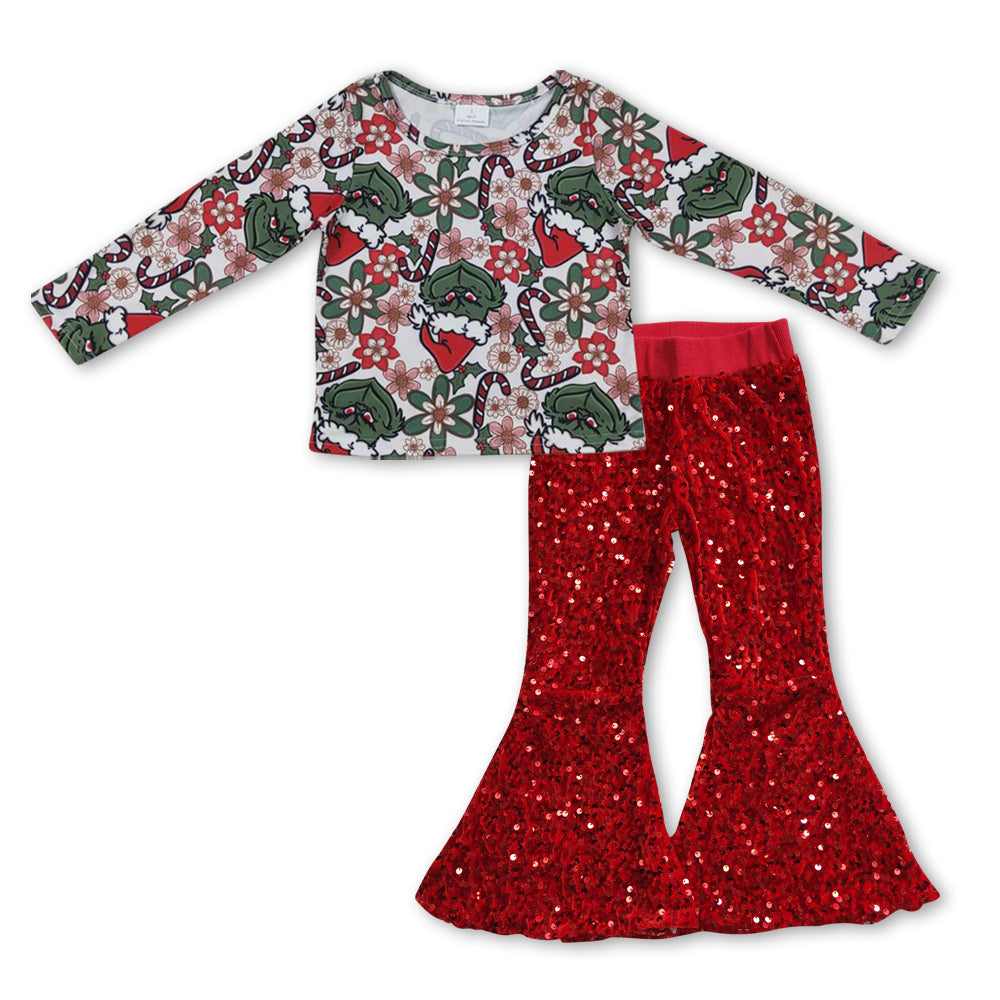 2pcs GLPO0932 Christmas Green Red Sequin Girls Short Sleeve Bell Bottom Pants Outfits