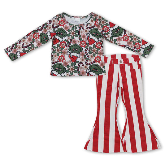 GLPO0935 2Pcs Christmas Red Green Cartoon Denim Girls Long Sleeve Bell Bottom Pants Outfits