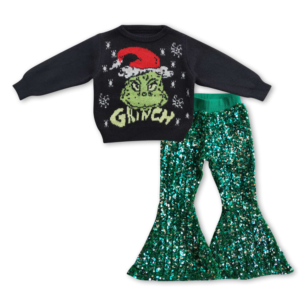 2pcs GLPO0944 Christmas Green Red Sweater Green Sequin Girls Short Sleeve Bell Bottom Pants Outfits