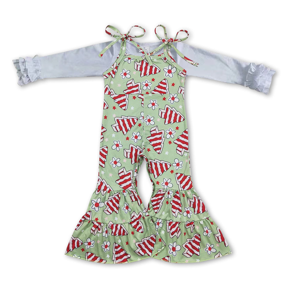 GLP0948 2pcs Christmas Green Tree Jumpsuit Overall Girls Long Sleeve Bell Bottom Pants Outfits