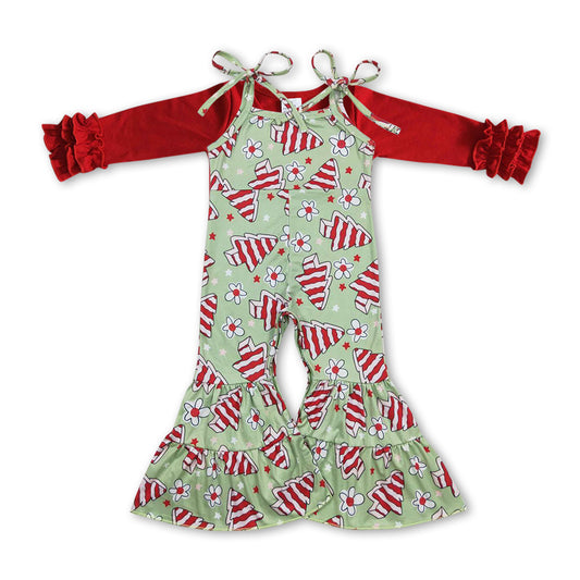 GLP0949 2pcs Red Christmas Green Tree Jumpsuit Overall Girls Long Sleeve Bell Bottom Pants Outfits