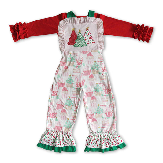 GLP0950 2pcs Red Christmas Green Tree Jumpsuit Overall Girls Long Sleeve Bell Bottom Pants Outfits