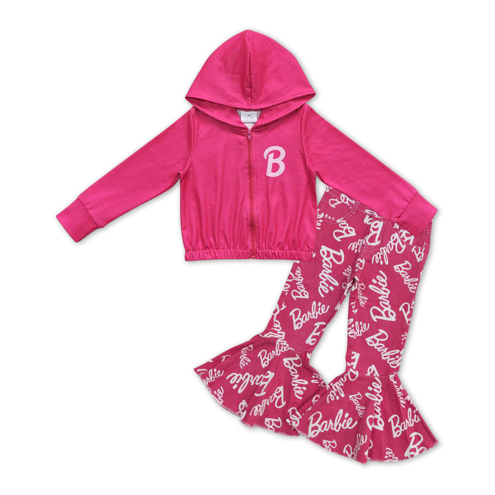 GLP01003 Denim  B Pink Cartoon 2pcs Girls Long Sleeve Hoodies Outfits