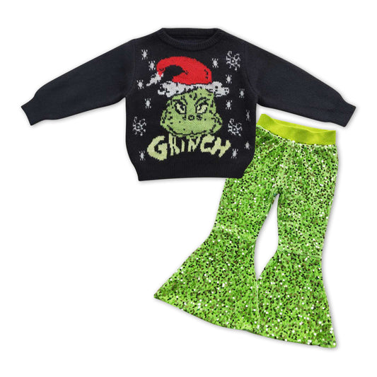 2pcs GLP1005 Christmas Green Red Sweater Green Sequin Girls Short Sleeve Bell Bottom Pants Outfits