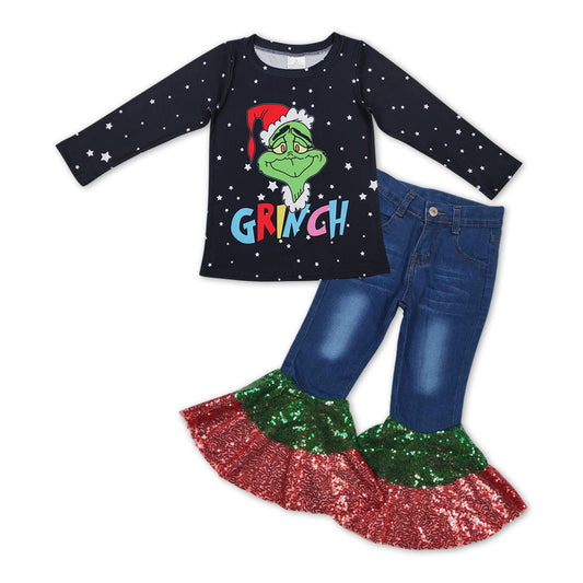 GLP1009  2Pcs Christmas Green Red Cartoon Denim Girls Long Sleeve Bell Bottom Pants Outfits