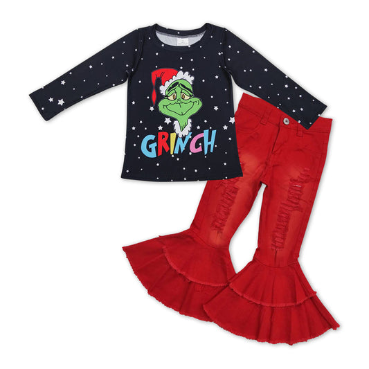 GLP1010  2Pcs Christmas Green Red Cartoon Denim Girls Long Sleeve Bell Bottom Pants Outfits