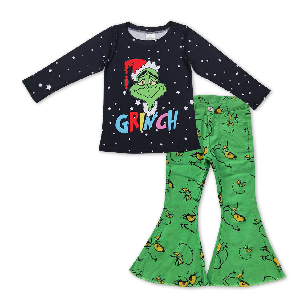 GLP1011 2Pcs Christmas Green Red Cartoon Denim Girls Long Sleeve Bell Bottom Pants Outfits