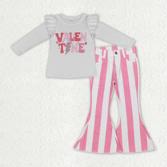 GLP1161  2Pcs valentine  pink Denim Girls Long Sleeve Bell Bottom Pants Outfits