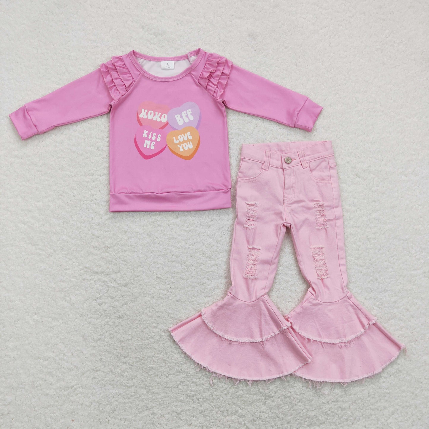 GLP1165  2Pcs valentine  pink Denim Girls Long Sleeve Bell Bottom Pants Outfits