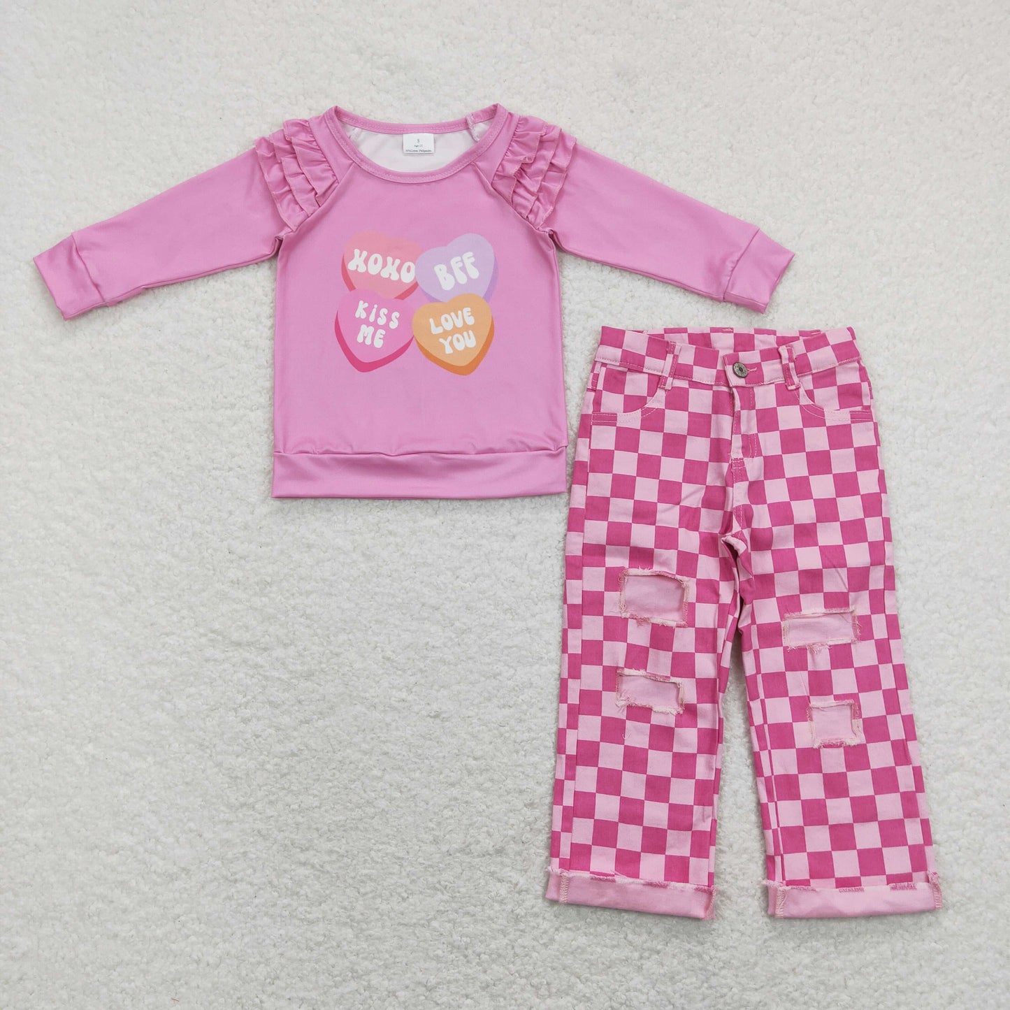 GLP1166  2Pcs valentine  pink Denim Girls Long Sleeve Bell Bottom Pants Outfits