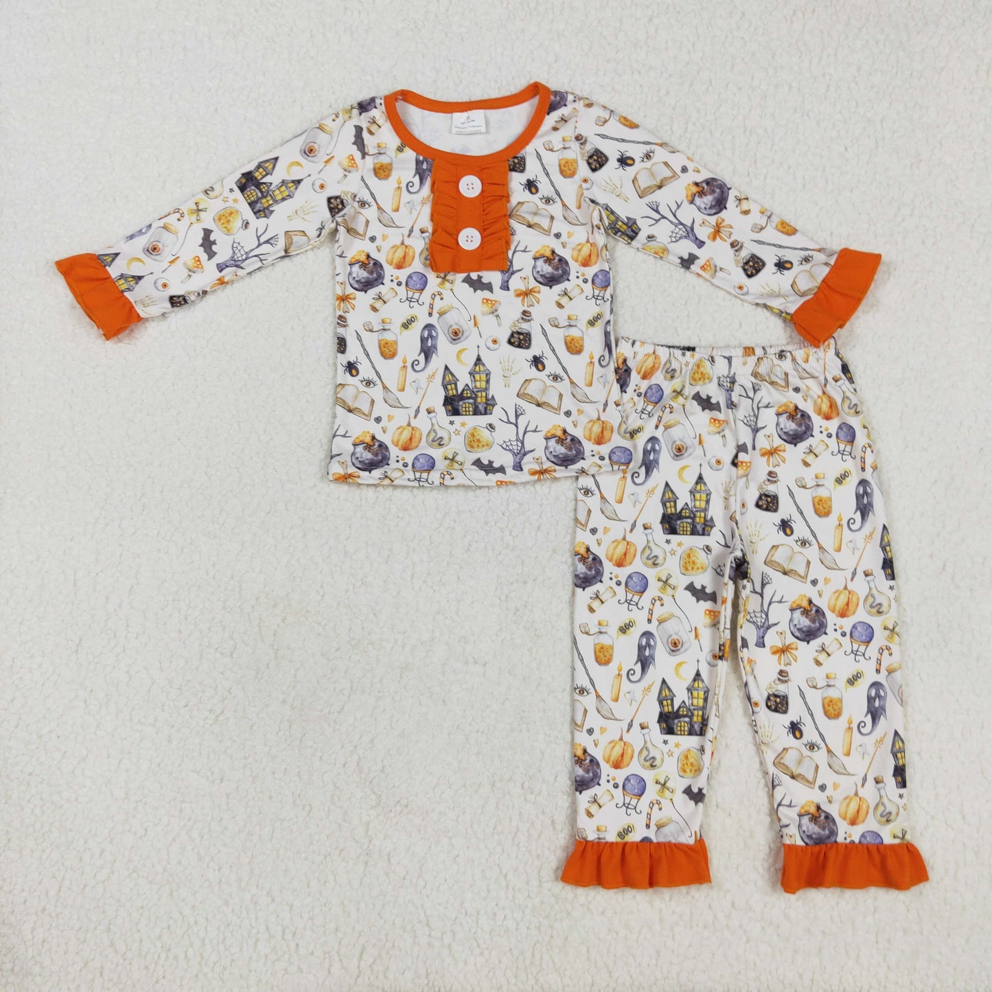 GLP1172 western clothes NO MOQ Long Sleeve Pants Pajamas Set Orange Lace with Ghost Magic Broom Pumpkin Castle Pattern Casual