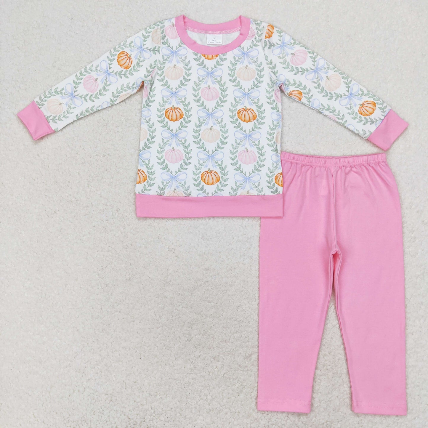 GLP1177 Pumpkin leaf bow white long-sleeved pink pantsuit kids girl clothing sets