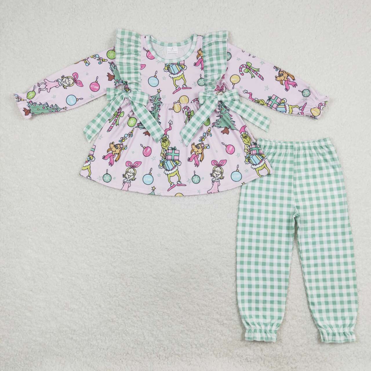 GLP1189 grinch Christmas gift Green plaid Lace bow pink long sleeve pantsuit