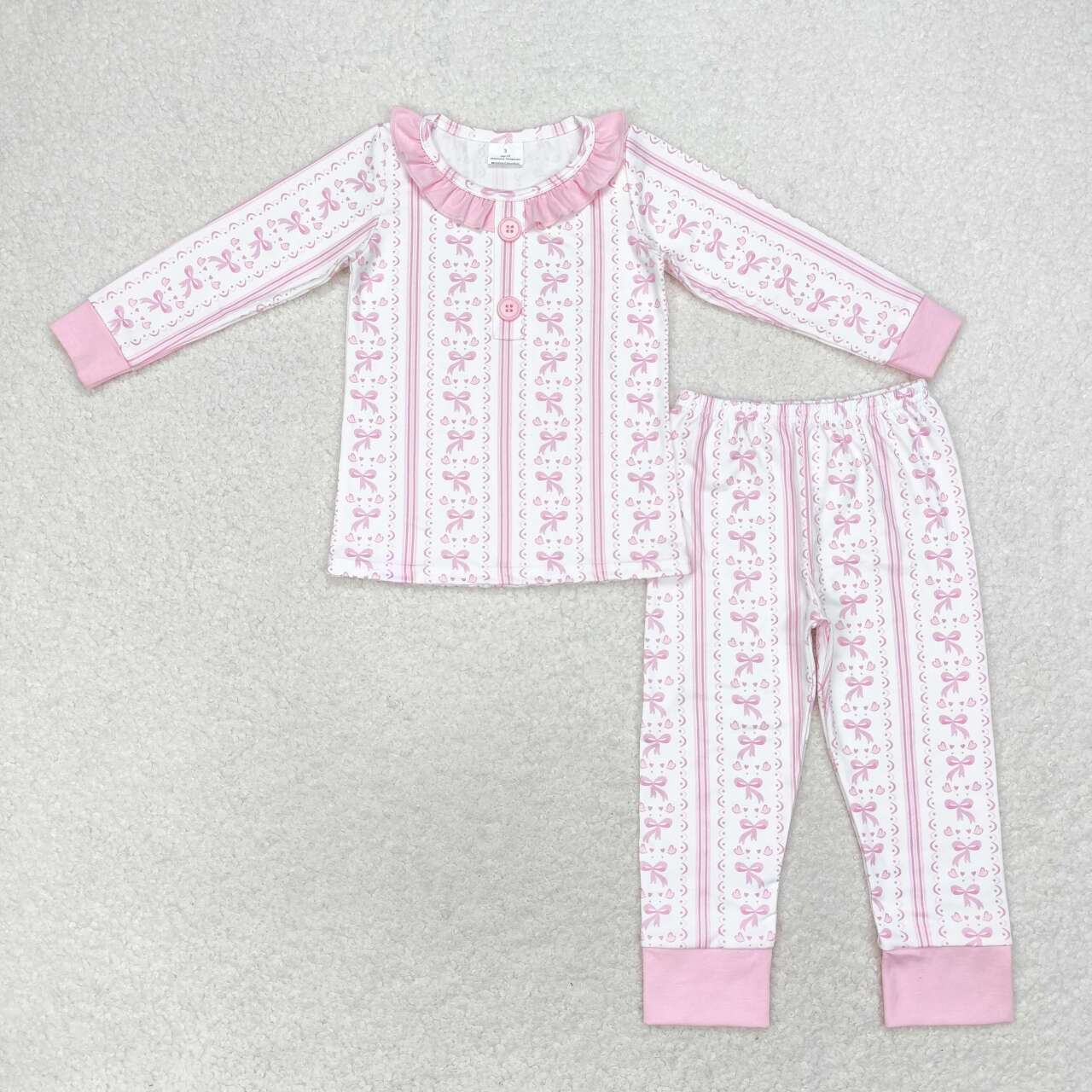 GLP1212 Pink lace long sleeve trousers pajama set with bow pattern girls two piece sets clothing