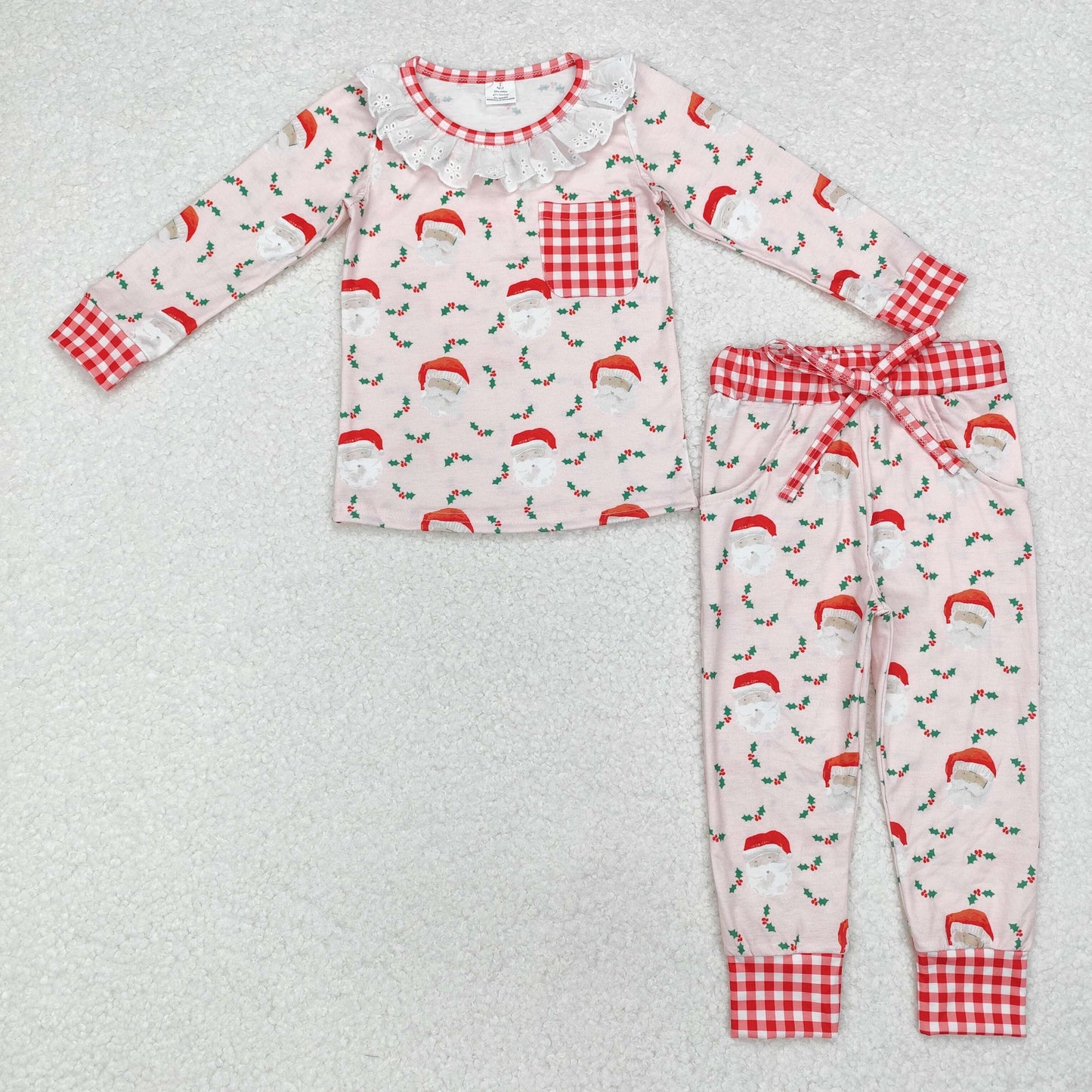 GLP1213 Modal Santa Red and white check pocket pink long sleeve pants pajamas set new arrival