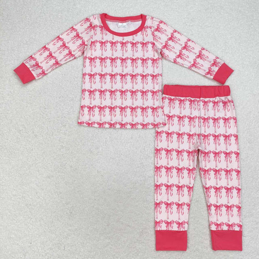 GLP1214 NO MOQ Pink and white long-sleeved pants pajamas set with bow pattern girls clothing sets for 14 years old