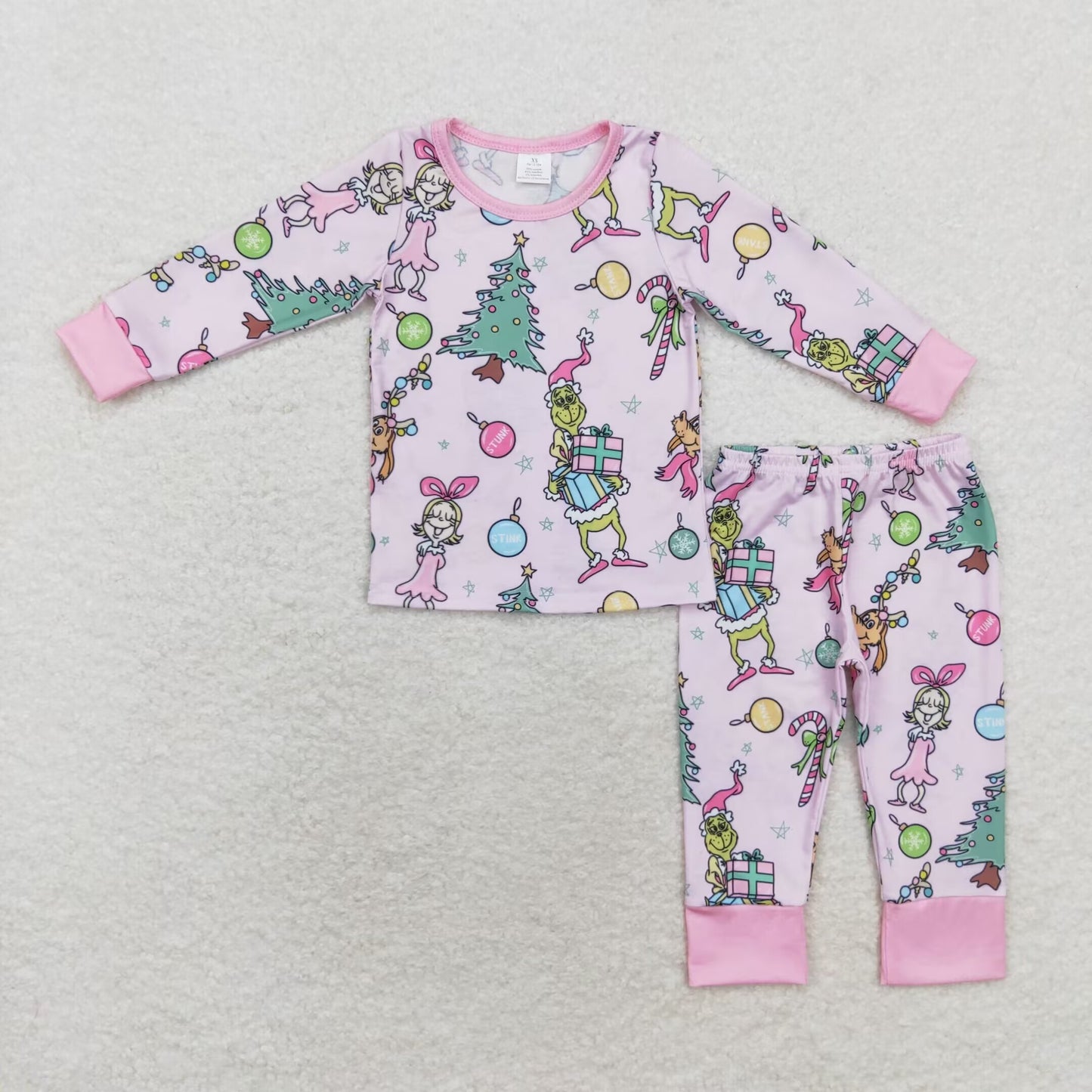 GLP1220 grinch Modal Christmas Tree Girl Pink Long sleeve pants pajama set