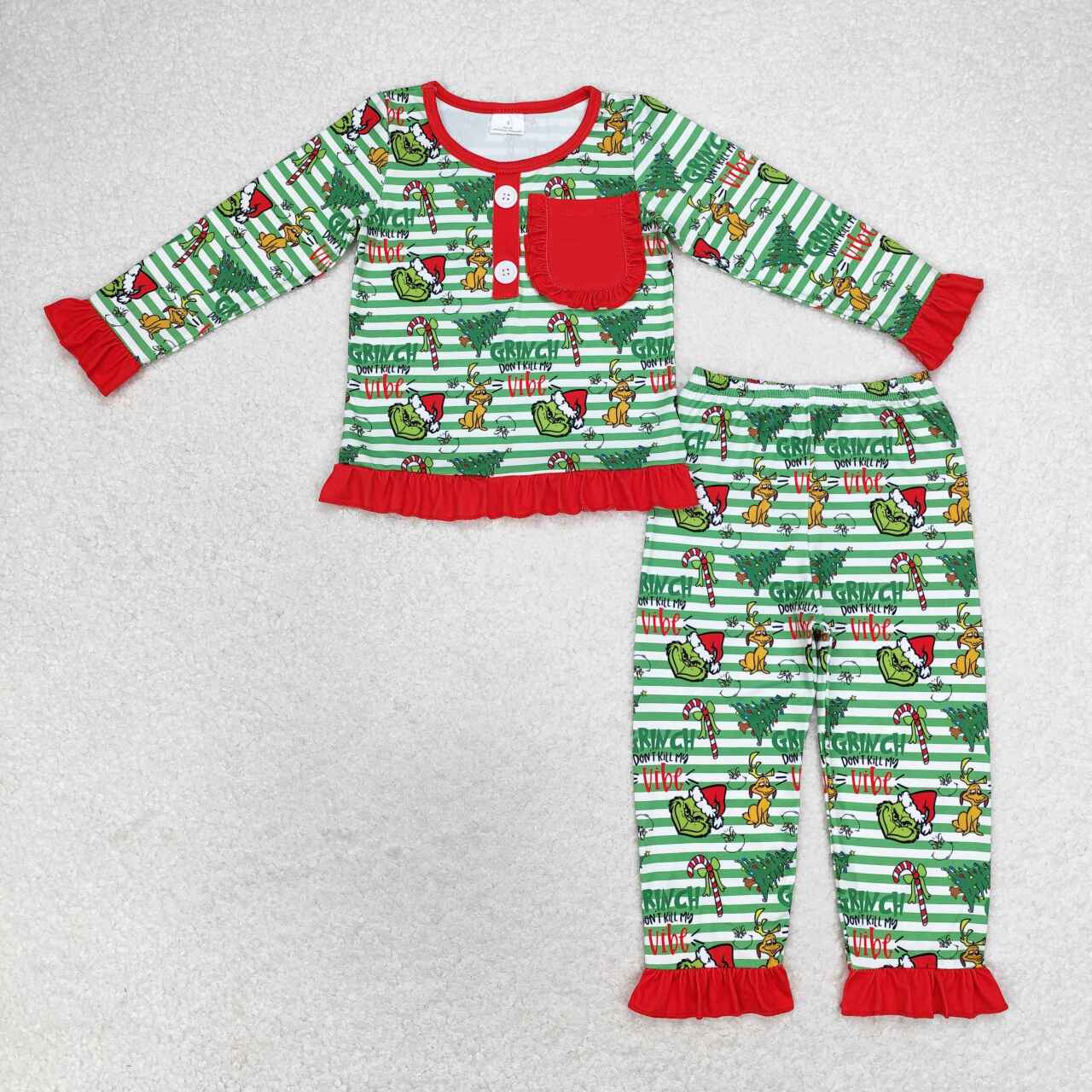 GLP1228 grinch Puppy Christmas Tree Red Lace pocket Green striped long sleeve pants pajama set