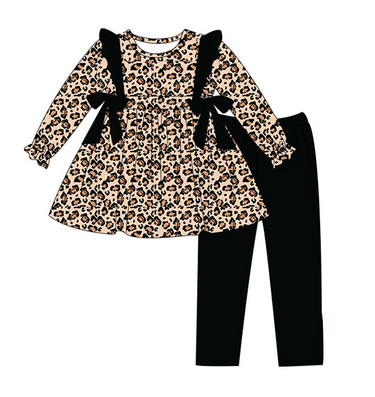 Preorder GLP1238  Leopard print black bow long sleeve pant suit