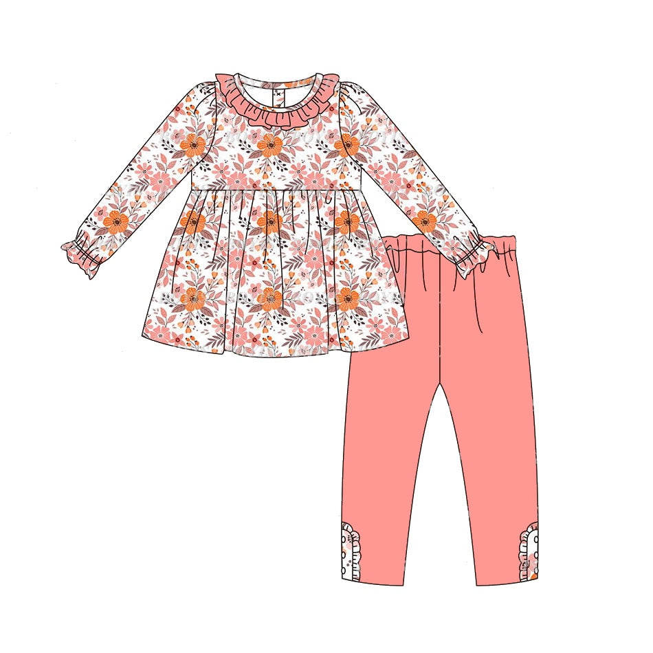 Preorder GLP1239 Pink orange flowers white square neck long sleeve pants suit