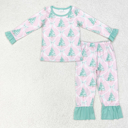 GLP1242 NO MOQ Modal Christmas Tree Bow Green Lace Pink long sleeve pants pajamas set western clothes