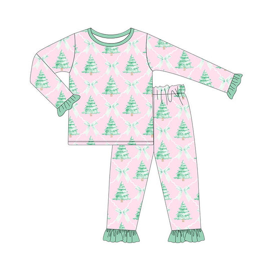 Preorder GLP1242 Christmas tree bow Green lace pink long sleeve pants pajamas set