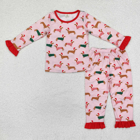 GLP1244 Christmas Bamboo Pajamas Hat Puppy Red Ruffle Long Sleeve Pants Girls Set RTS 202509