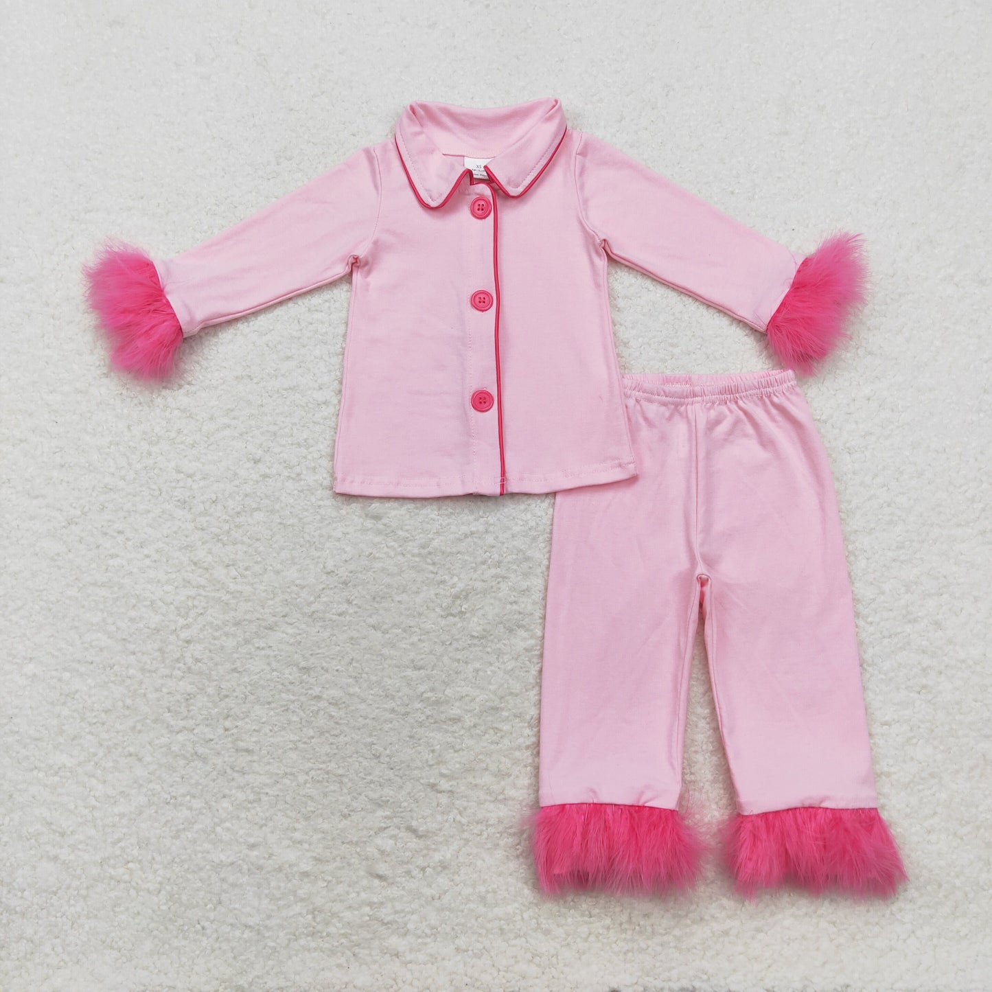 GLP1255 Pink long-sleeved pants pajama set with plush trim