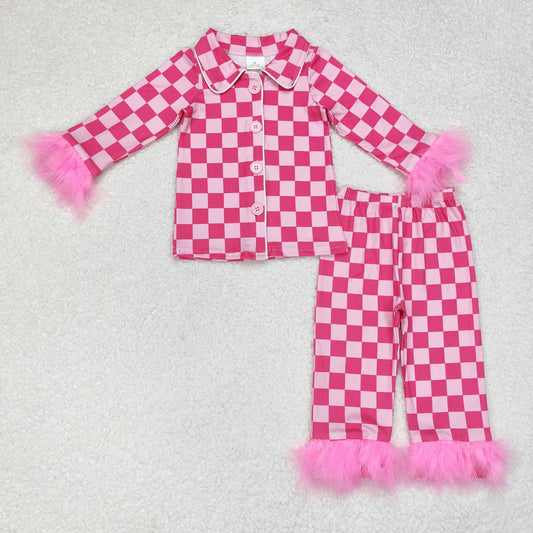 GLP1256 NO MOQ plaid long-sleeved trousers pajama set in red with plush border western clothes