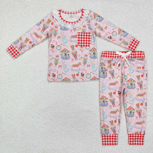 GLP1271 Modal Christmas Nutcracker plaid pocket pink long sleeve pants pajamas set